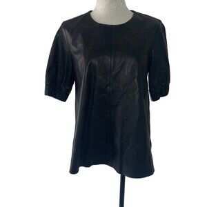 Cos Womens Top Size XS Black Leather Short Sleeve Side Slits Crew Neck
